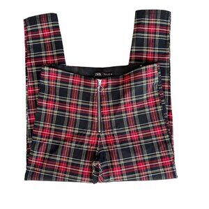 Zara Red Plaid Skinny Pants Women's Large Stretch Preppy